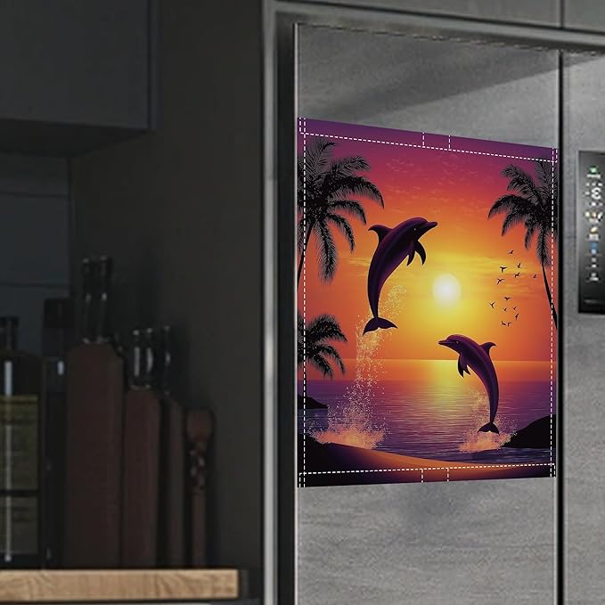 Magnetic Dishwasher Cover,Ocean Dolphin Reusable Dishwasher Magnetic Cover Sunset Plam Decorative Door Covers Panel for Home Kitcen 23" x 26"