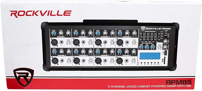 Rockville RPM85 2400W Powered 8 Channel Mixer, Bluetooth, USB/SD, 5 Band EQ, Adjustable Echo/Delay, +15V Phantom Power, for Live Music and Events