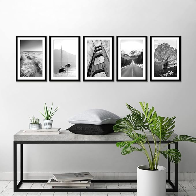 Americanflat 11x17 Picture Frame with Polished Plexiglass - Set of 5 - Use as 9x15 Frame with Mat or Display 11x17 Photo Without Mat - Galleria Collection - Picture Frames for Wall Display - Black