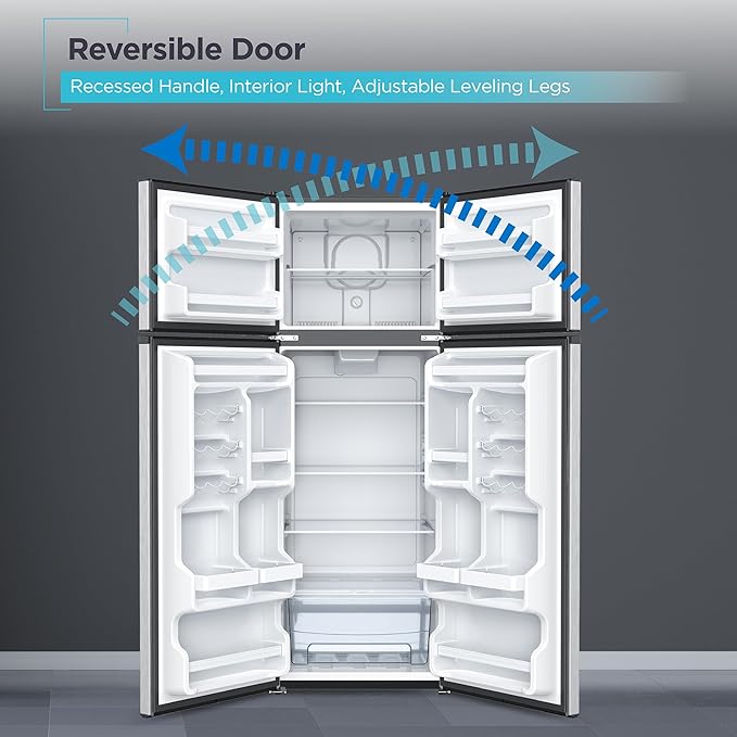 BLACK+DECKER 12 Cu. Ft. Top Mount Refrigerator with Freezer, 2 Door Fridge with Top Freezer and Adjustable Temperature Control, For Homes and Apartments, BDA12GLAS, Stainless Steel Look