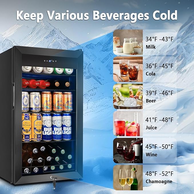Tylza Beverage Refrigerator Cooler, 130 Cans 3.22 Cu.Ft Small Refrigerator with Low-E Glass Door, Lock, 17-Inch Beer Fridge for Drinks, Beer and Wine, Mini Fridge for Bedroom, Office and Bar, Black