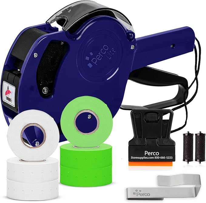 Perco Lite 1 Line Price Gun with Labels Kit - Includes 3 White Rolls, 3 Fluorescent Green Rolls, 2 Ink Rollers, 1 Ink roll and Labels Pre-Loaded
