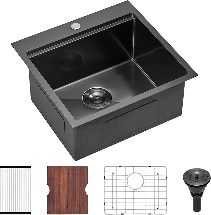 Scamall 21x20x10 Drop In Kitchen Sink Workstation, Nano Black 304 Stainless Steel Deep Single Bowl with Quick Drainage & Tarnish-Free Surface for Bar, Laundry, RV, Includes Accessories
