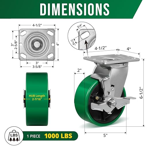 5"Caster Wheels, Heavy Duty Caster with Strong Load-Bearing, Polyurethane Wheel on Steel Hub, Supports 1000 lbs Each(1 Pack Brake)