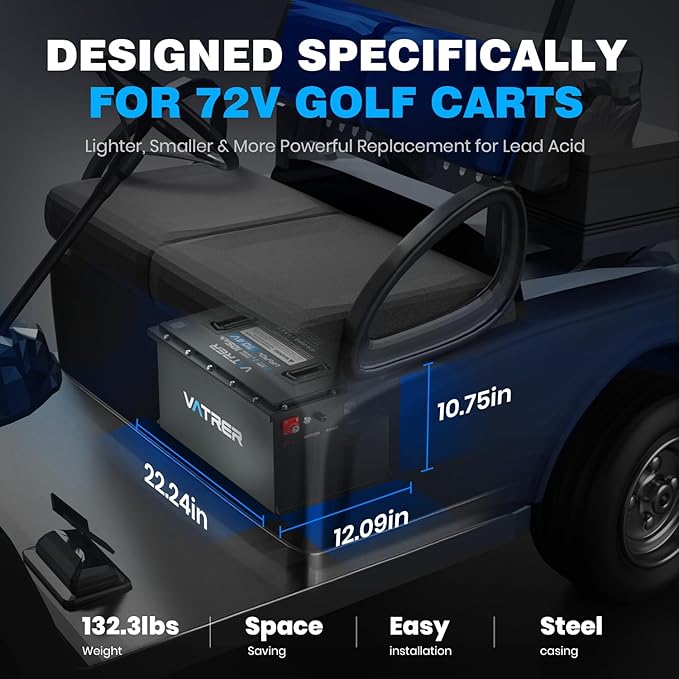 72V (70.4V) 105Ah Lithium Golf Cart Battery, Built-in 200A BMS, with Touch Monitor & Mobile APP, 4000+ Cycles LiFePO4 Battery, Max 14.08kW Power Output, Perfect for Golf Carts