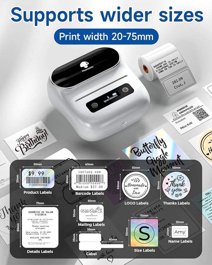 Phomemo M220 Label Maker, New Flagship 3.14 Inch Bluetooth Portable Thermal Label Printer for Barcode, Address, Labeling, Mailing, File Folder, Easy to Use, Support Phone&PC