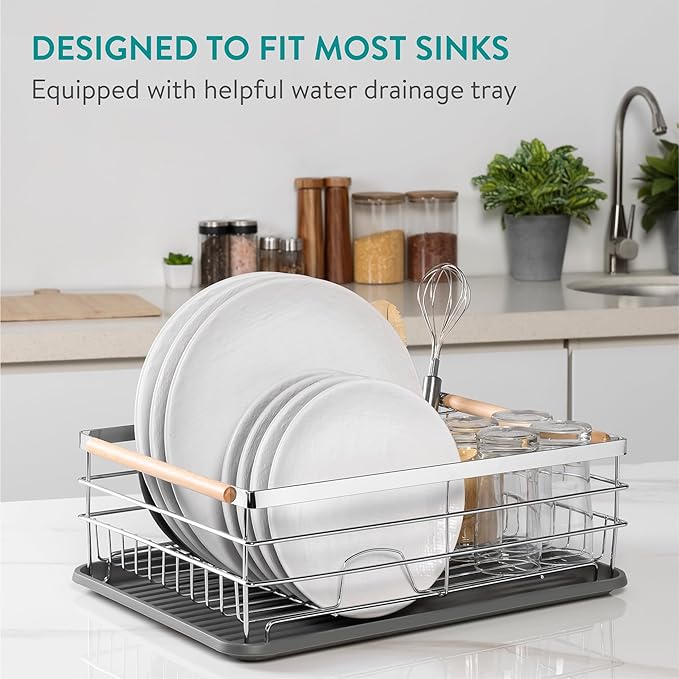 Navaris Dish Rack - Compact Drying Kitchen Board with Drip Tray & Cutlery Holder - Easy to Assemble and Clean Dishes - Sink Drainer Rack - Silver with Wooden Handles