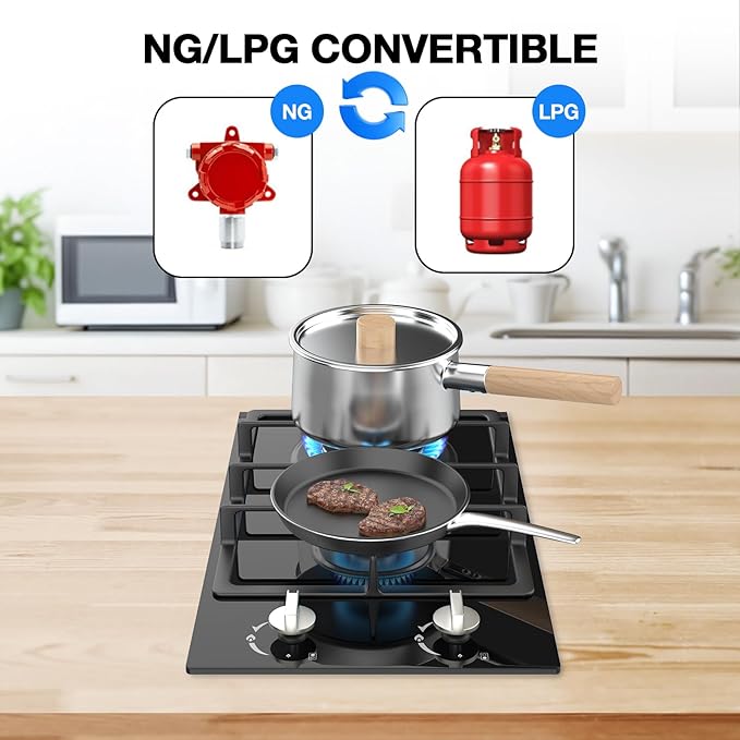 Gas Stove 2 Burner Propane Cooktop 12 inch, Nafewin Tempered Glass Portable Gas Cooktop Stove Burner with Thermocouple Protection, Lpg/Ng Dual Fuel Built-in Hob for Apartments, Outdoor, Rvs