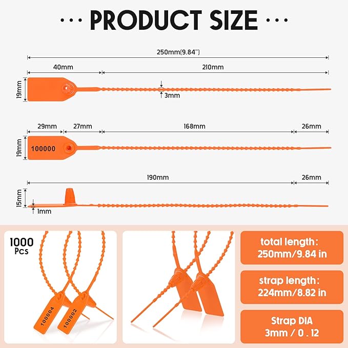 1000 Pcs Plastic Tamper Seals Fire Extinguisher Tags Security Tags Seals Safety Numbered Zip Ties Labels Safety Disposable Self Locking Signage 250 mm Length (Orange)
