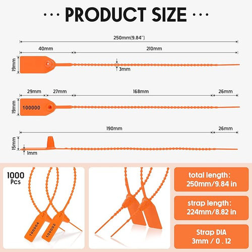 1000 Pcs Plastic Tamper Seals Fire Extinguisher Tags Security Tags Seals Safety Numbered Zip Ties Labels Safety Disposable Self Locking Signage 250 mm Length (Orange)