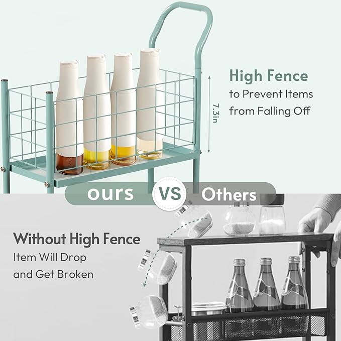 danpinera Rolling Utility Cart with Wheels, 4 Tier 7.7'' Metal Rolling Narrow Storage Cart with Hooks and Hanging Cups on Wheels for Bathroom, Kitchen, Office and Small Spaces, Green
