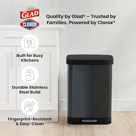 Glad Stainless Steel Step Trash Can with Clorox Odor Protection | Large Metal Kitchen Garbage Bin with Soft Close Lid, Foot Pedal and Waste Bag Roll Holder, 13 Gallon, Pewter