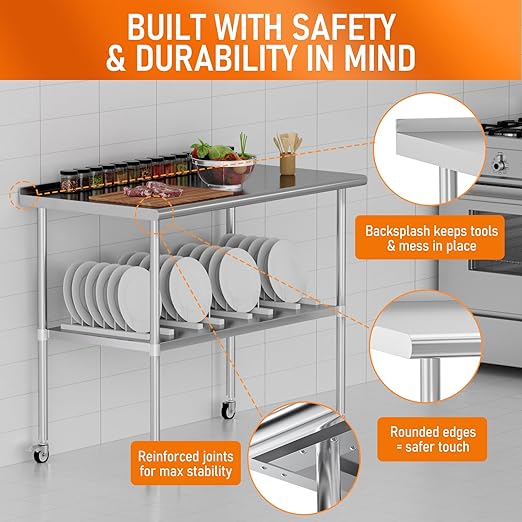 Stainless Steel Prep Table 24" X 48" with Adjustable Undershelf, Backsplash and Wheels, Commercial Metal Workstations for Kitchen, Garage, Outdoor BBQ