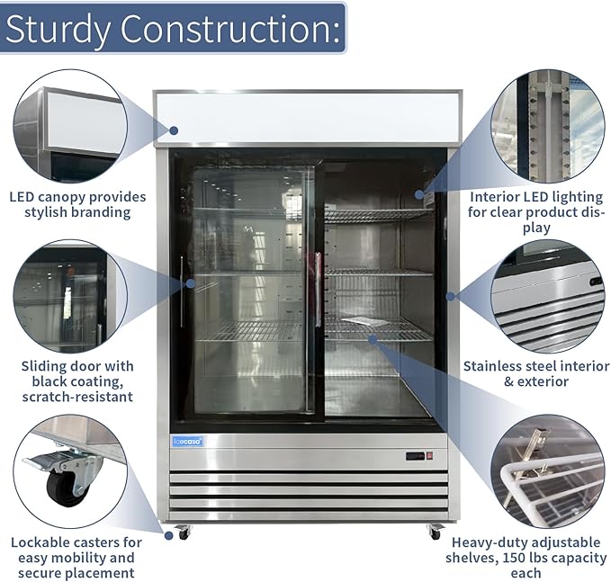 ICECASA 54" W Merchandiser Commercial Display Refrigerator Double Glass Door Reach-in 49 Cu.ft Stainless Steel Display Refrigerator Fan Cooling for Restuarant, Bar, Shop, etc