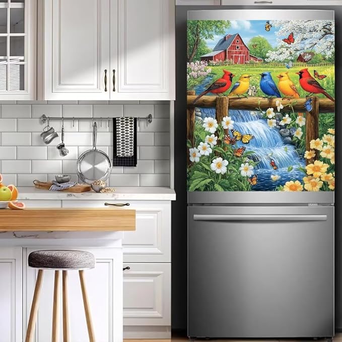Colorful Birds on Fence with Red Barn Farm Scene Magnetic Dishwasher Cover Vinyl Sticker,Spring Dishwasher Magnet Cover,Fridge Door Cover Magnets Art Skin Panel Decal for Home Decor, 23"X26"