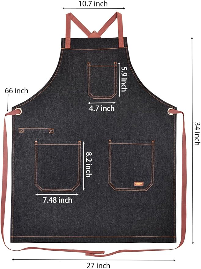 Professional Apron with Pockets, Mens Womens Chef Kitchen Bib Black Denim Apron for Cooking Grill BBQ Server, with Cross Back Straps and Towel Loop