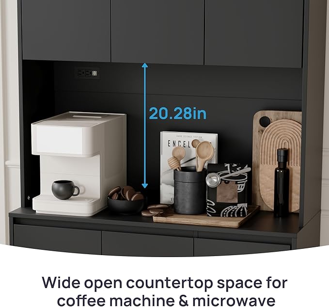 71" Tall Black Kitchen Pantry Cabinet with 6 Doors & Power Outlet, Freestanding Storage Hutch with Countertop, Adjustable Shelves for Dining Room, Laundry Room