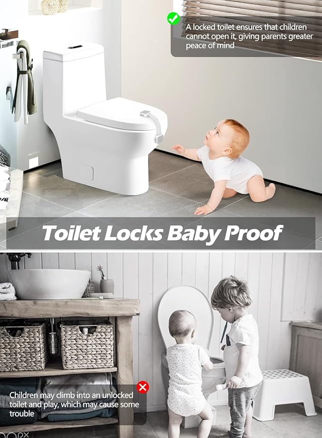 6 Pack Baby Proofing Safety Locks Child Safe for Cabinet Drawer Fridge Oven Dishwasher Doors, Toilet Seat & Lid, Adjustable Furniture Latches and Straps, 3M Adhesive No Drilling Button,Unlock Design
