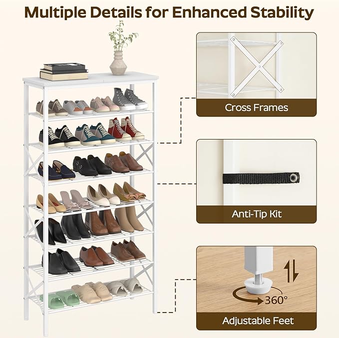 8 Tier Shoe Rack, Shoe Storage Organizer, Large Capacity Shoe Shelf Holds 32 Pairs of Shoes, Sturdy and Stable, for Entryway, Hallway, Closet, Dorm Room, White SS08WW