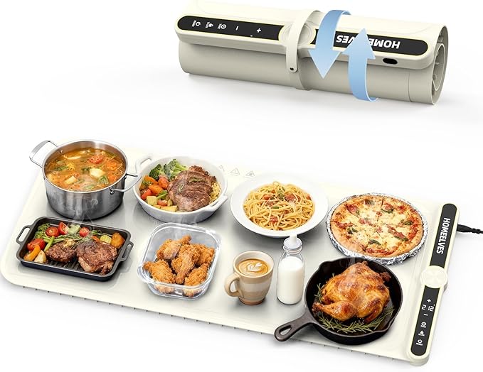 Food Warming Mat Extra Large, Rapid Heating Electric Warming Tray with 9 Temp Setting and 6 Hours Timer,Foldable Warming Trays for Food, Portable Food Warmers for Parties Buffet, Beige