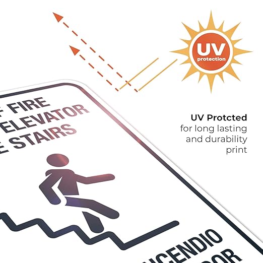 in Case of Fire Do Not Use Elevator Use The Stairs Bilingual Sign, Fire Safety Sign, 18x24 Inches, Rust Free .063 Aluminum, Fade Resistant, Indoor/Outdoor Use, Made in USA