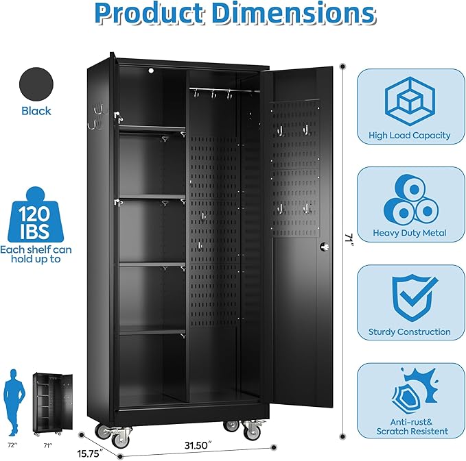 SUXXAN Broom Closet Storage Cabinet with13 Hooks and Hanging Rods, 71" Heavy Duty Cleaning Cabinet for Garage, Laundry Room