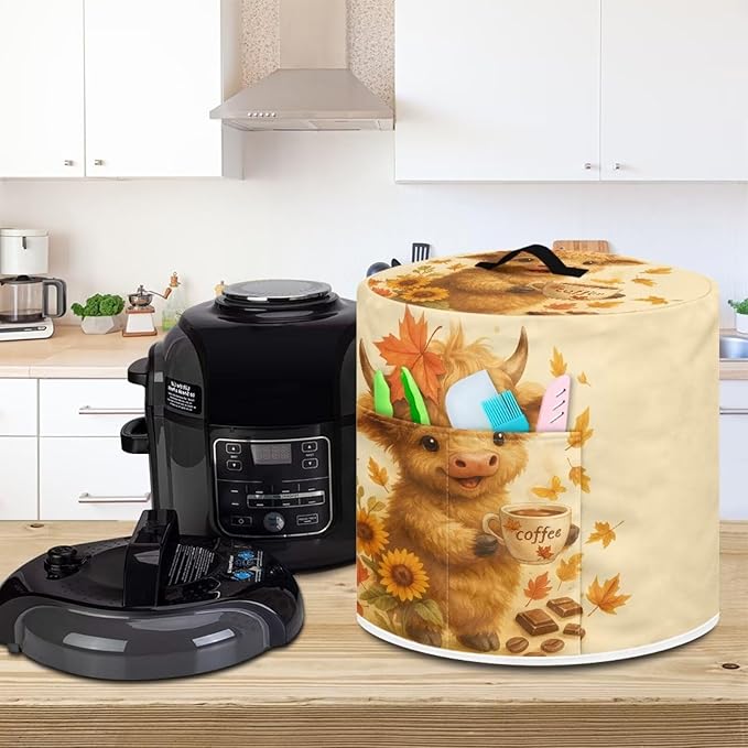 Thanksgiving Day Decor Kitchen Appliance 3 Quart Pressure Cooker Air Fryer Rice Cooker Dust Cover with Top Handle and Storage Pocket Maple Leaf Cute Highland Cow
