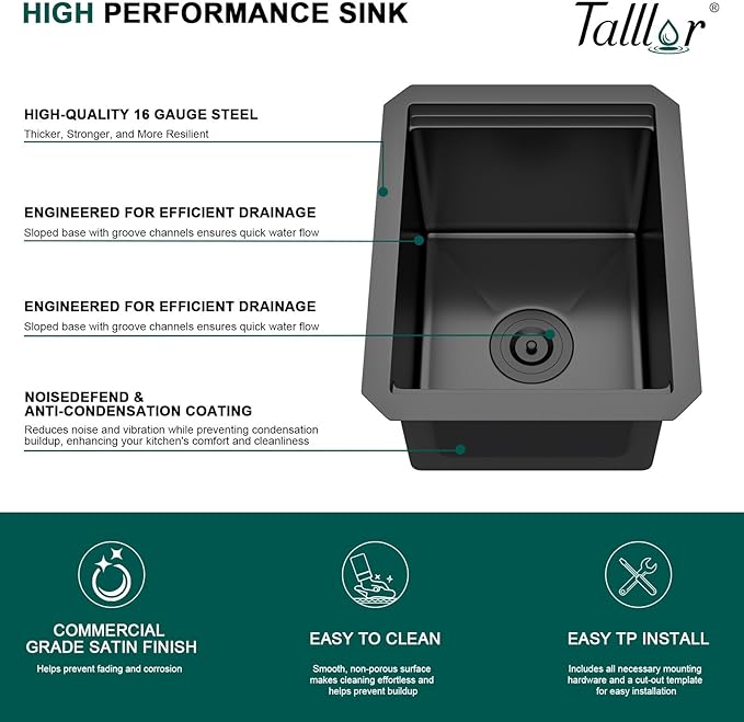 Undermount Bar Sink - 12 Inch Workstation Gunmetal Black Bar Sink Stainless Steel 16 Gauge Single Bowl Under Counter Small Wet Prep Sinks with Cutting Board #TLU-0016