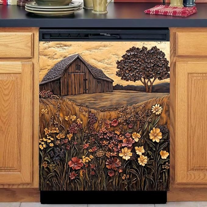 Farmhouse Barn Scene Flowers Magnetic Dishwasher Cover Vinyl Sticker,Vintage Wooden Floral Dishwasher Magnet Cover,Rustic Fridge Door Cover Magnets Art Skin Panel Decal for Home Decor, 23"X26"