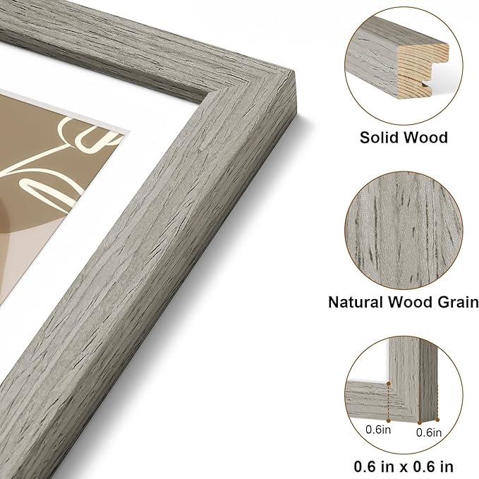 Vittanly 16x20 Picture Frame, Solid Wood Frame with Plexiglass, Includes 11x14 Mat, Wall Hanging for Photos, Home Decor, Grey, 1 Pack