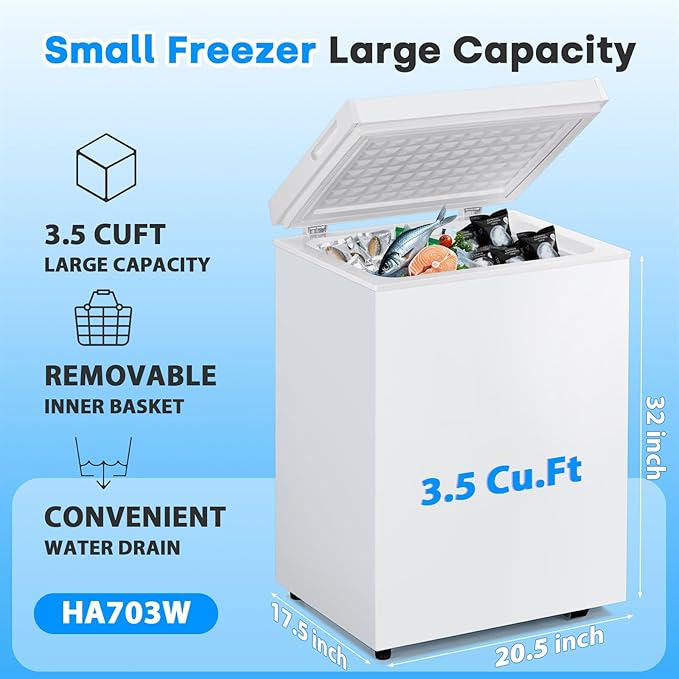 3.5 Cu.Ft Chest Freezer, Compact Chest Freezer with 7 Thermostat, Mini Deep Freezer with Removable Basket, Low Noise, Top Door Free-Standing Freezer for Garage/Dorm/Office/Apartment, White