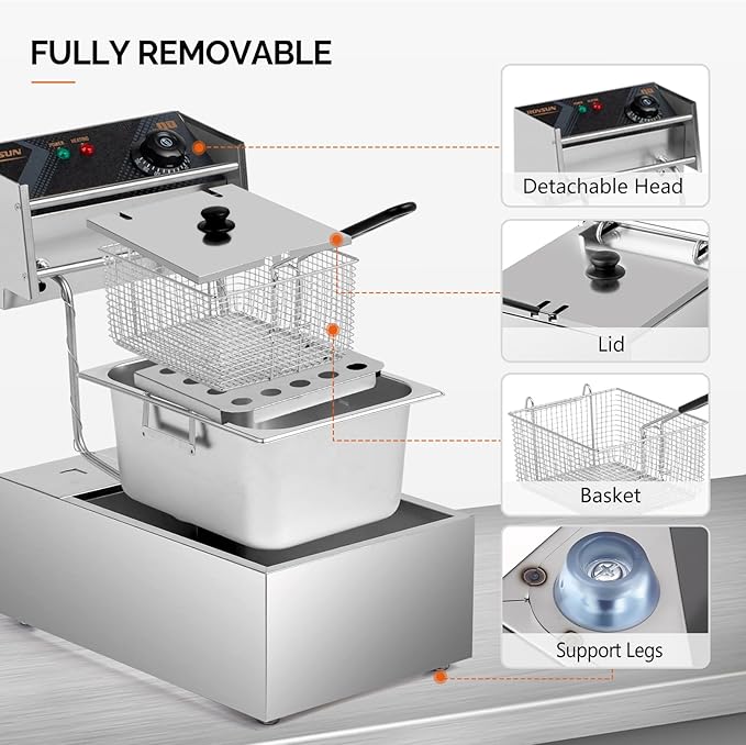 ROVSUN 11.4QT Electric Commercial Deep Fryer with Basket & Lid, Countertop Kitchen Frying Machine, Temperature Adjustable Stainless Steel French Fryer for French Fries Donuts Onion Rings 2500W