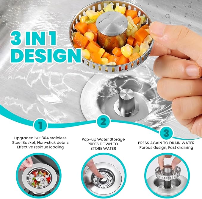 3 in 1 Kitchen Sink Stopper, Pop Up Kitchen Sink Drain Strainer, with an Extra Basket Strainer, Kitchen Sink Drain Stopper for US Standard 3-1/2 Inch, Brass Material Electroplate Gold,Easy to Clean