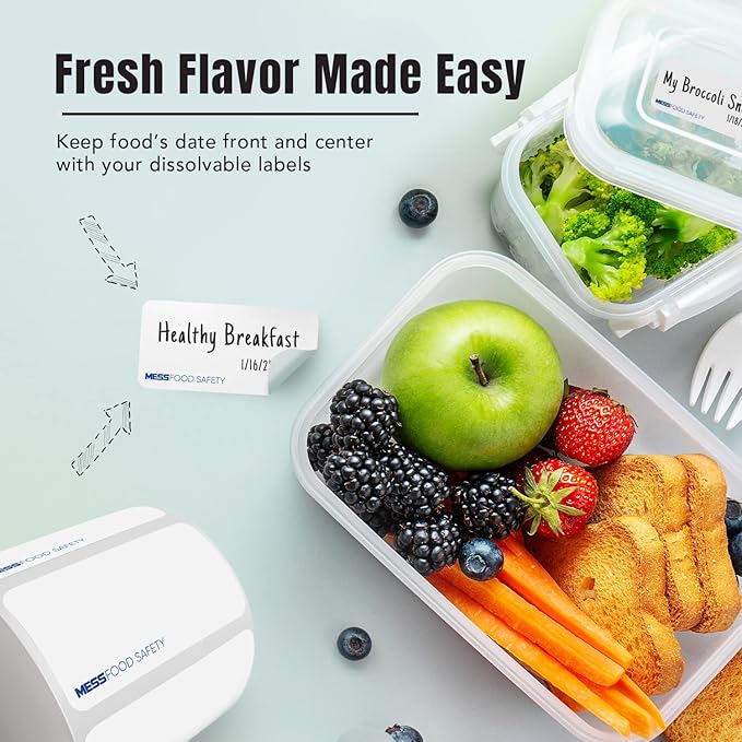 MESS Dissolvable Food Labels, Blank, 1x2 500/Roll - Dissolves in 30 Seconds or Less - Removable Pantry, Meal Prep & Food Storage Labels – Canning & Freezer Use