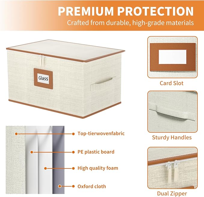 Aokeyee 2-Pack Wine Glass Storage Box with Dividers, Hard Shell Stemware Case Holds 24 Crystal Glasses & Drinkware, for Moving & Protection, Ivory