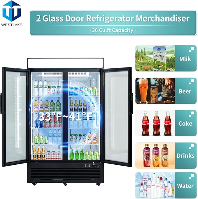 WESTLAKE 48" W Merchandiser Commercial Display Refrigerator 2 Glass Door 2 Section Reach-in Glass Door Upright Fan Cooling 36 Cu.ft Cooler for Restaurant, Bar, Shop, etc