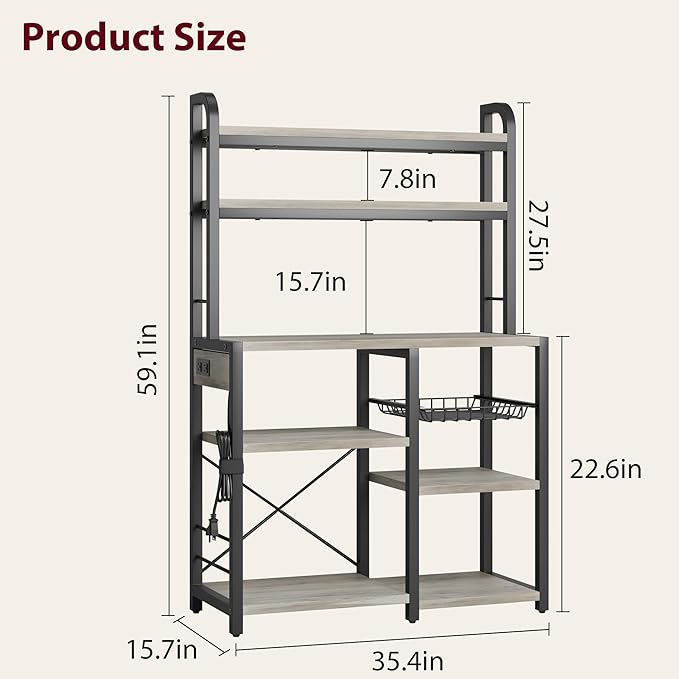 Garvee 5-Tier Bakers Rack with Wire Basket, Microwave Stand with Built-in Power Outlets, Coffee Bar Station, and Open Kitchen Shelving for Spices, Dishes and Pots, Gray