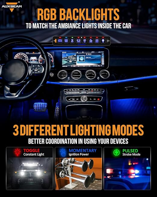 Auxbeam 8 Gang Slim Switch Panel RGB AS-R80 Automatic Dimmable Switch Panel with Toggle Momentary Pulsed LED Control Panel Off Backlight 12-24V for Truck Offroad Car Boat Waterproof, 2-Year Warranty