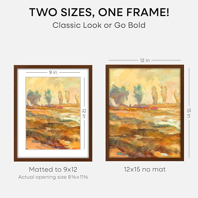 Homeforia 12x15 Picture Frame Brown, High End Dark Oak 12x15 Walnut Wood Poster Frame with Mat 9x12 Print, 12 x 15 Wooden Frame Matted to 9 x 12 Photo, 15x12 Frames, Tempered Glass, Wall Kit, Set of 3