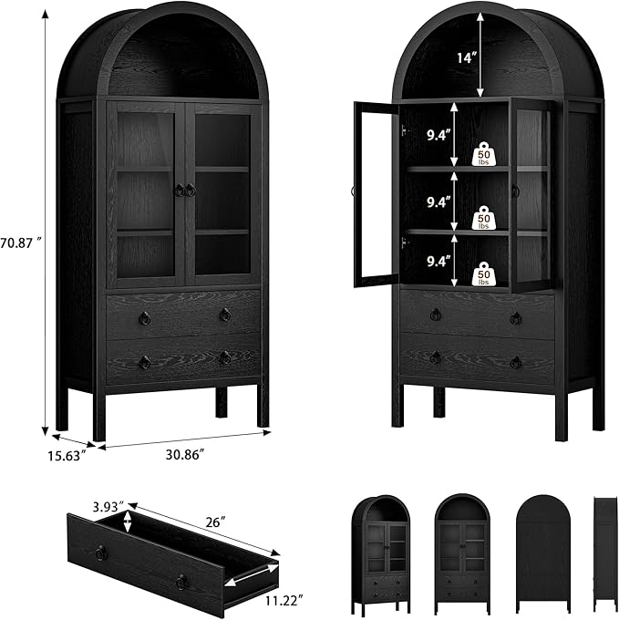 71'' Tall Arched Cabinet, Arched Kitchen Pantry Cabinet with Doors, Wood Arch Storage Cabinets Bookcase with 2 Large Drawers and Adjustable Shelves, Versatile Cupboard for Living Room, Black