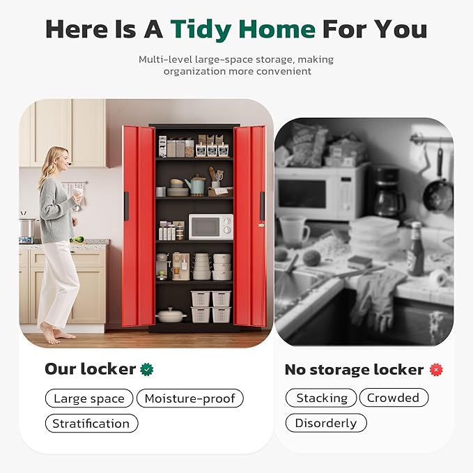Greenvelly Metal Storage Cabinet, 63" H Locking Metal Storage Cabinet with Doors and 4 Shelves, Lockable Steel Cabinets for Kitchen, Bedroom, Living Room, Office (Red)