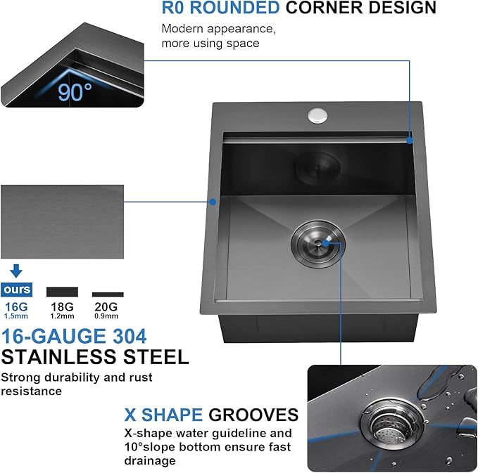 Scamall 15x17x9 Drop In Kitchen Sink Workstation, Nano Black 304 Stainless Steel Deep Single Bowl with Quick Drainage & Tarnish-Free Surface for Bar, Laundry, RV, Includes Accessories
