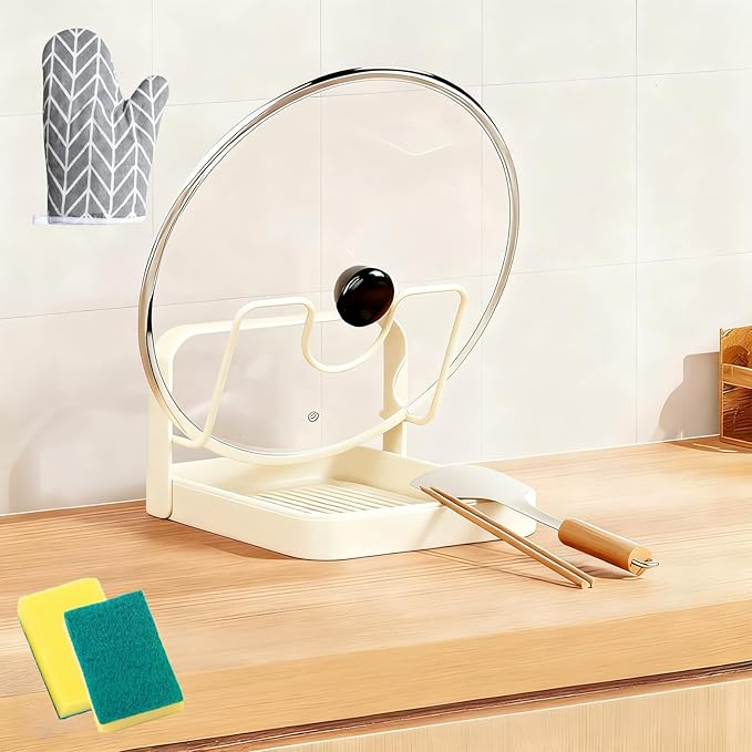 Kitchen Pot Lid Storage Rack, Multifunctional Stainless Steel Pot Lid Holder While Cooking, Pot Lid Organizer with Removable Drip Tray, Two-Compartment Spatula Holder for Stove (Begie,Single-layer)