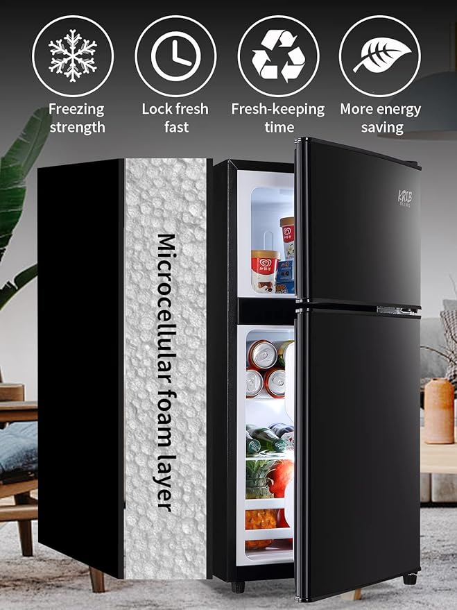 Refrigerator 3.5 Cu.Ft with Freezer,Vintage Double Door,Lock Fresh,7 Level Adjustable Thermostat ct for Dorm, Bar, Office,Kitchen, Apartment，Black
