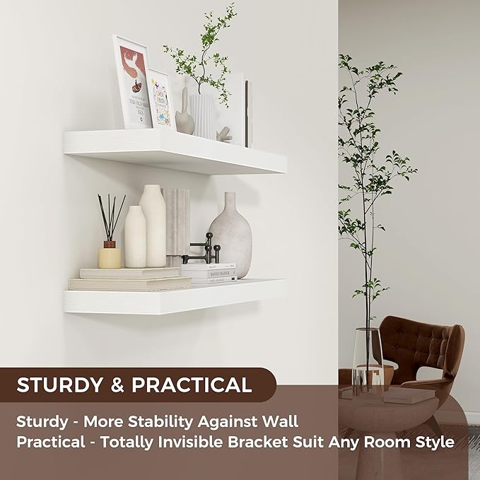 Floating Shelves for Wall 36"W x 7.8"D x 1.5"H, Engineered Wood Wall Shelves with Invisible Brackets for Living Room Bedroom Bathroom Office Kitchen Decor and Storage, White Finish, Set of 2