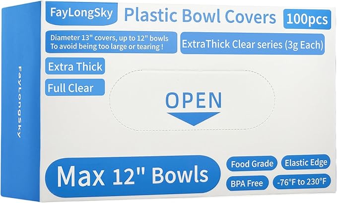 100 Boxed Bowl Covers Bread Proofing Large Thick Clear Plastic Wrap for Food Shower Caps for Sourdough Bread Baking Rising Elastic Reusable BPA Free Food Grade (Diameter 13" Thick Clear)