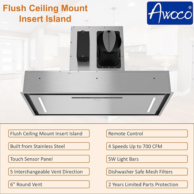 Awoco 30”W Flush Ceiling Mount Insert Island Range Hood, Stainless Steel 4 Speeds 700 CFM, 6” Round Vent LED Lights Remote Control (30"W)