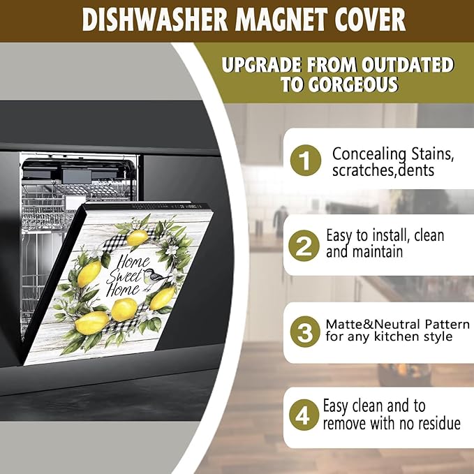 Home Sweet Home Lemon Wreath Dishwasher Magnet Cover,Pastoral Buffalo Check Magnetic Dishwasher Cover Vinyl Sticker,Wood Fridge Door Cover Magnets Art Skin Panel Decal,Home Decor Decal,23"X26"