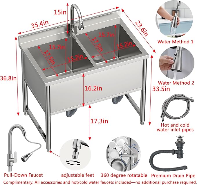 35" Stainless Steel Commercial Sink 2 Bowl Freestanding Kitchen Sink with Pull-out Faucet, Large Utility Sink for Kitchen, Dishwashing, Thawing, Laundry Room, Garage, Outdoor, Total Capacity 36 Gallon