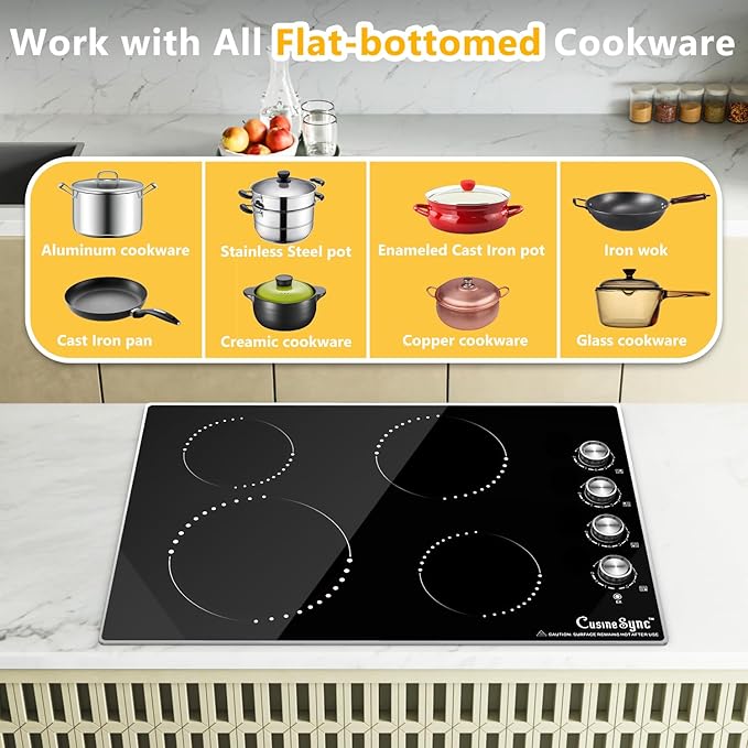 30 Inch Electric Cooktop, 4 Burner Electric Stove Top with 9 Power Levels, Knob Control, Auto shutdown and Residual Heat Warning, 7200W, 220-240V for Hard Wire